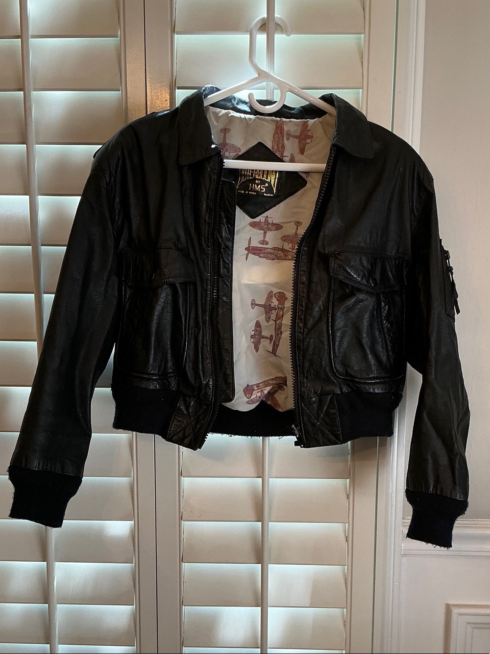 H&M Black Leather Bomber Jacket with Printed Lining